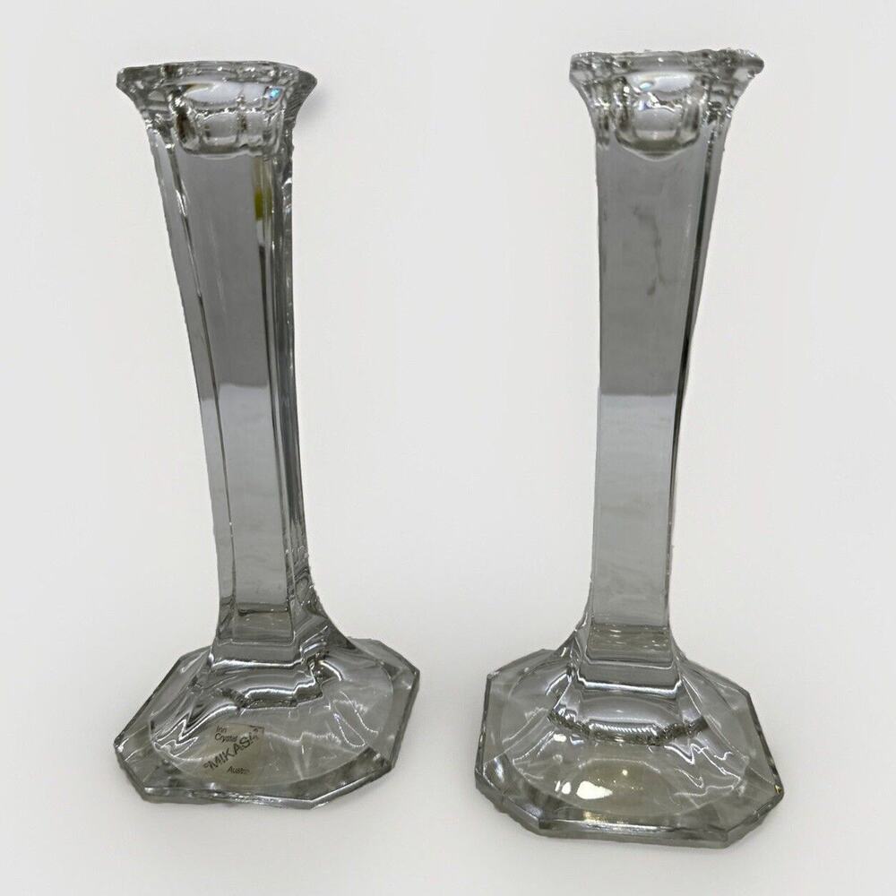 Vintage MCM Mikasa Hyde Park Clear Crystal Art Deco Taper Candle Holders Set 2 - Picture 2 of 9